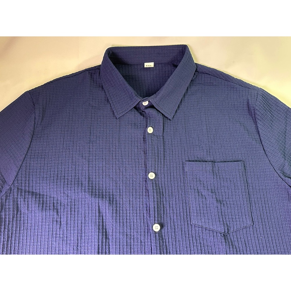 Men's Navy Blue Waffle Knit Short Sleeve Button Up Shirt Textured Casual‎ 2XL